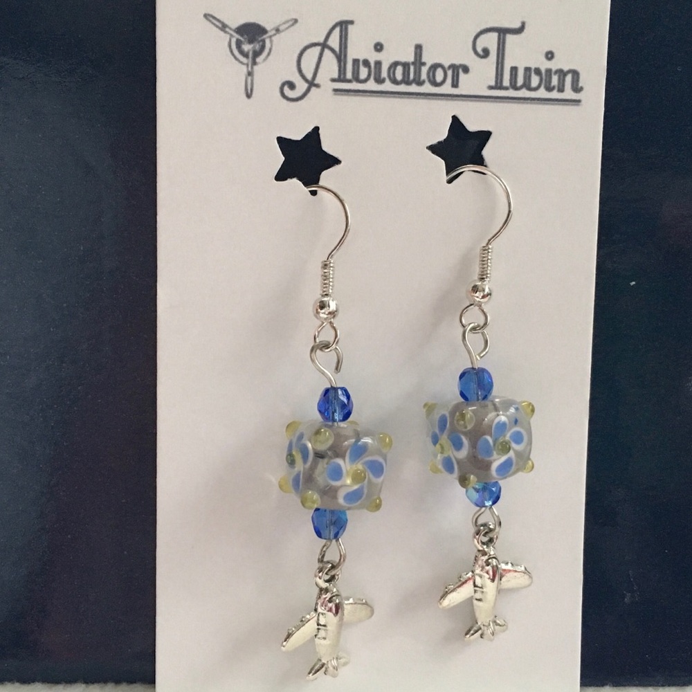 Single Engine Airplane Earrings with Blue Beads
